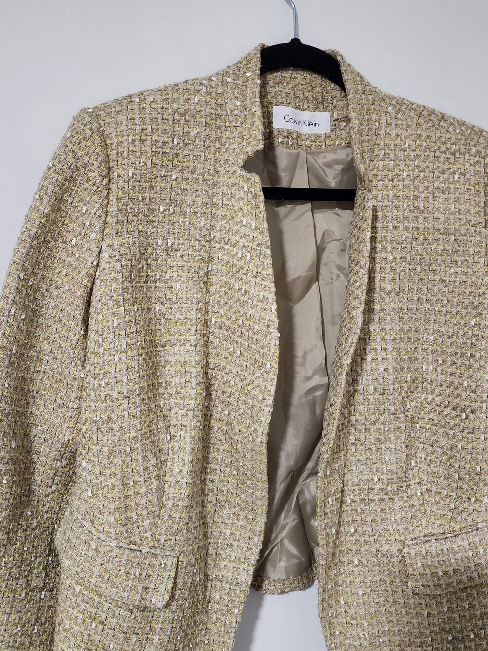 Calvin Klein Women's 14 Cream Yellow Tweed Open-Front Jacket - Picture 3 of 7